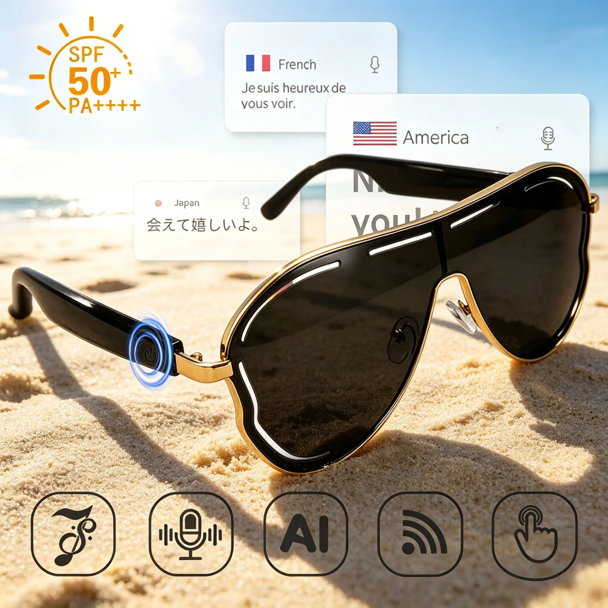 Smart Bluetooth Glasses, Wearable Tech Glasses, 100+ Languages AI Translation, Open-Ear Audio Smart Sunglasses, Touch Control, Hands-Free Calls, Voice Assistant, UV Protection for Driving Outdoor Business Travel Gift
