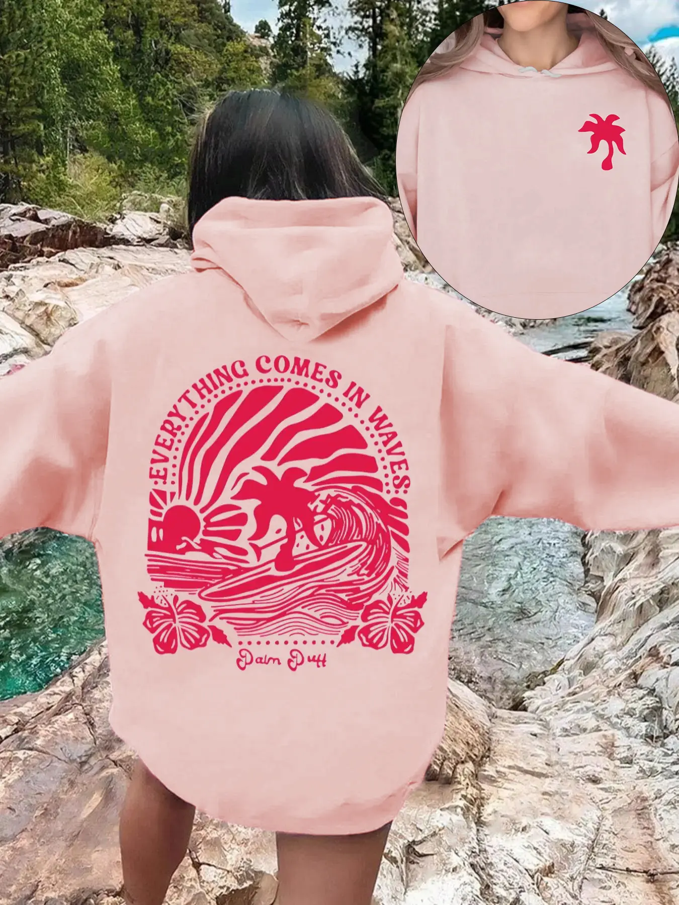 Women's Loose Casual Drawstring Hoodie with Pocket, Palm Tree Print, Tropical Vibe, Comfortable Fall & Winter Fashion Top, Easy to Pair Sweatshirts, Graphic Hoodie Sweatshirt