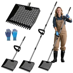 Chicken Poop Scooper & Rake 2-in-1 Chicken Scooper for Poop with 36 to 77" Adjustable Stainless Steel Handle Gloves Heavy Duty Litter Sifting Shovel for Cleaning Coop Farm Pet Waste