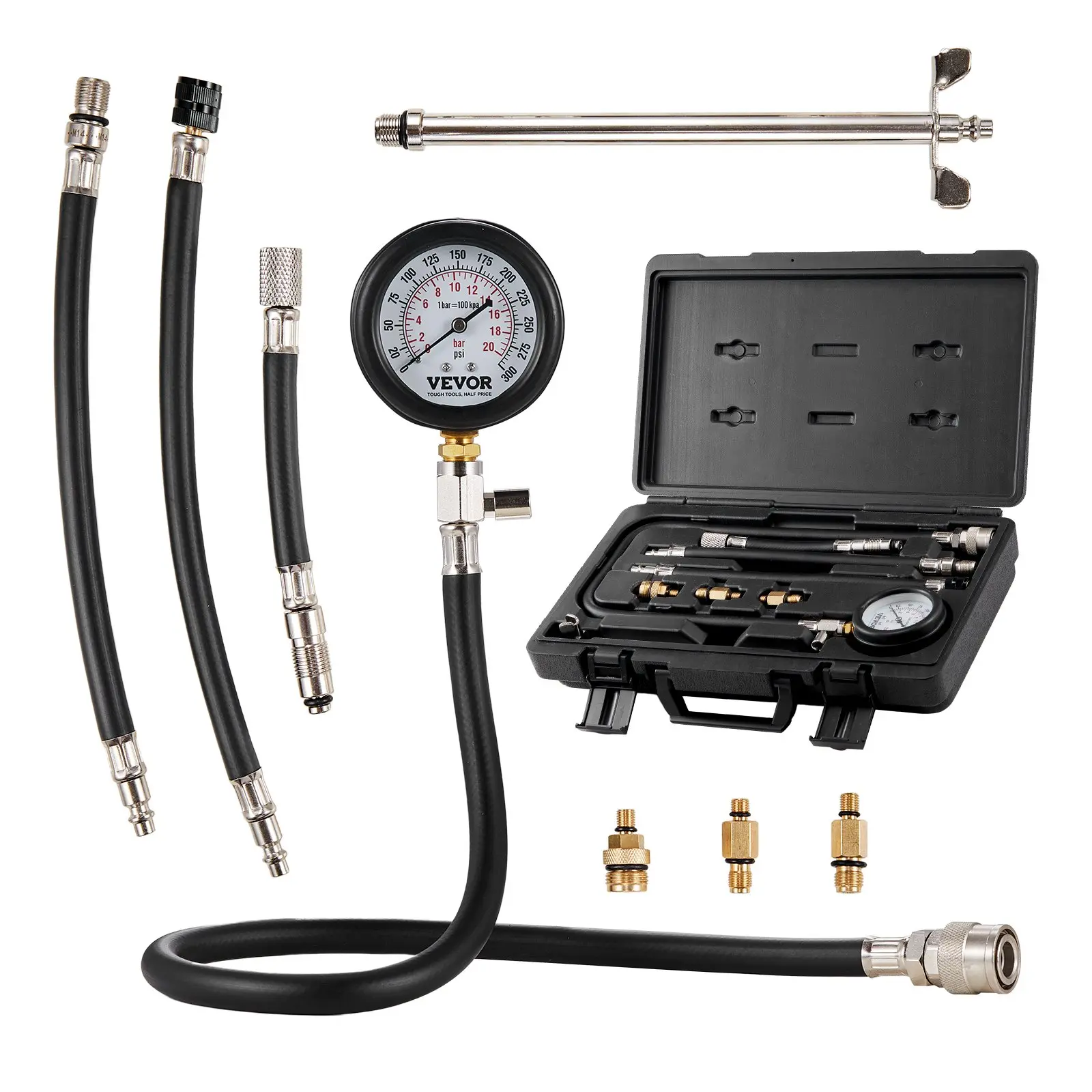 【Summerfinds】VEVOR 9-Pcs Automotive Engine Cylinder Compression Tester Adapter Kit, Vehicle Accessories, Quick Connect Kit, Dual Scale 0-300 psi Gauge, Long-Reach Hoses, Multiple Threads, Protective Case for Leak Down Tests