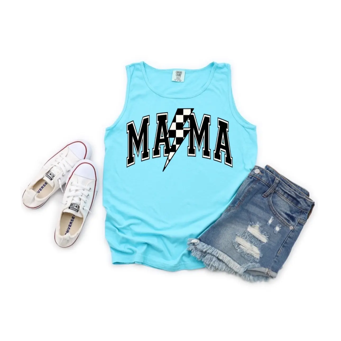 Mama lighting bolt Checkered tank top comfort color  Fit Love Style or short sleeve Summer Casual