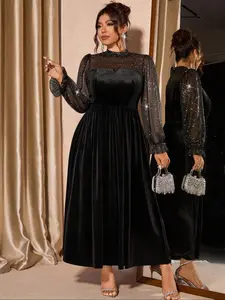 Plus Size Women's Dress with Lace, Casual Fashion Long Sleeve Maxi, Comfortable Stylish Clothing for Daily Wear, Versatile & Elegant