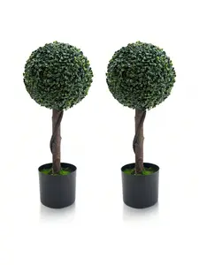 24in Artificial Boxwood Topiary Ball Tree Set of 2 Fake Decorative Plant Fake Topiary Ball Boxwood Trees Nursery Pot Included for Home  Balcony  Backyard and Garden Faux Fruit Plastic Room