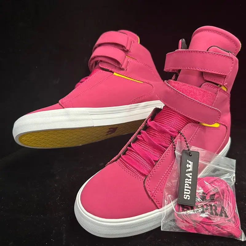 SUPRA TK Society Pink & Yellow Full Leather High-Top Sneakers - Unisex Velcro Design, Rare Discontinued Statement Shoes Footwear Athletic
