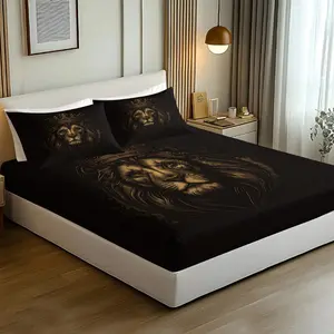 3pcs Golden Crowned Lion Print Fitted Sheet Set, Luxury Bed Sheet Set, Soft Microfiber Bedding Set (No Fillers), Regal King of Jungle Mattress Cover for Men & Modern Bedroom Decor, Decorative Bedsheet Sets, Luxurious Sleeping Experience, All Sizes