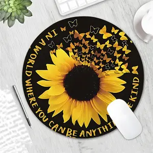 Sunflower and Butterfly "Be Kind" Design Round Gaming Mouse Pad, Aesthetic Desktop Decorative Protective Pad, Rubber Anti-slip Lockedge Work Pad, Small Size Suitable for Laptop, Desktop Computer Games, Work, Family