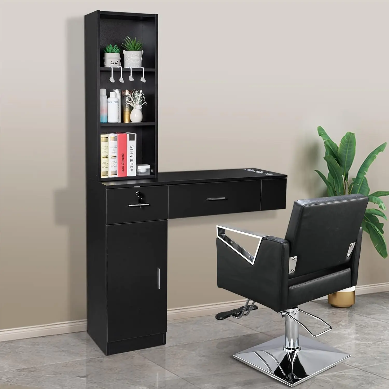 OmySalon Wall-Mounted Commercial Minimalist Salon Furniture - Sturdy Barbershop Barber Station, Adjustable Chair, 2-Drawer Storage Cabinet, 3-Tier Shelf, Hair Dryer Holder, Easy Install Simple Rectangular 40.6in(L)x13.2in(W)x66.9in(H) for Hair Stylists, B