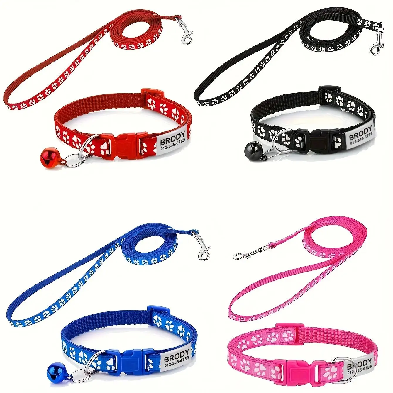 [Customizable Cat Collar] Personalized Cat Collar-Personalized Pet Collar and Leash Set with Bell, Adjustable Quick Release Durable Training PP Collar for Small Dogs and Cats, 121.92cm Lead