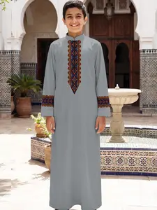 Muslim Boy Embroidered Long Robe, Stand Collar Prayer Clothing, Middle Eastern Children Ethnic Dress, Traditional Folkwear