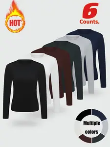 Women's Solid Round Neck Basic Sports Thermal Underwear Top, Sporty Long Sleeve Crew Neck Top for Daily Outdoor Wear, Ladies Sportswear for All Seasons