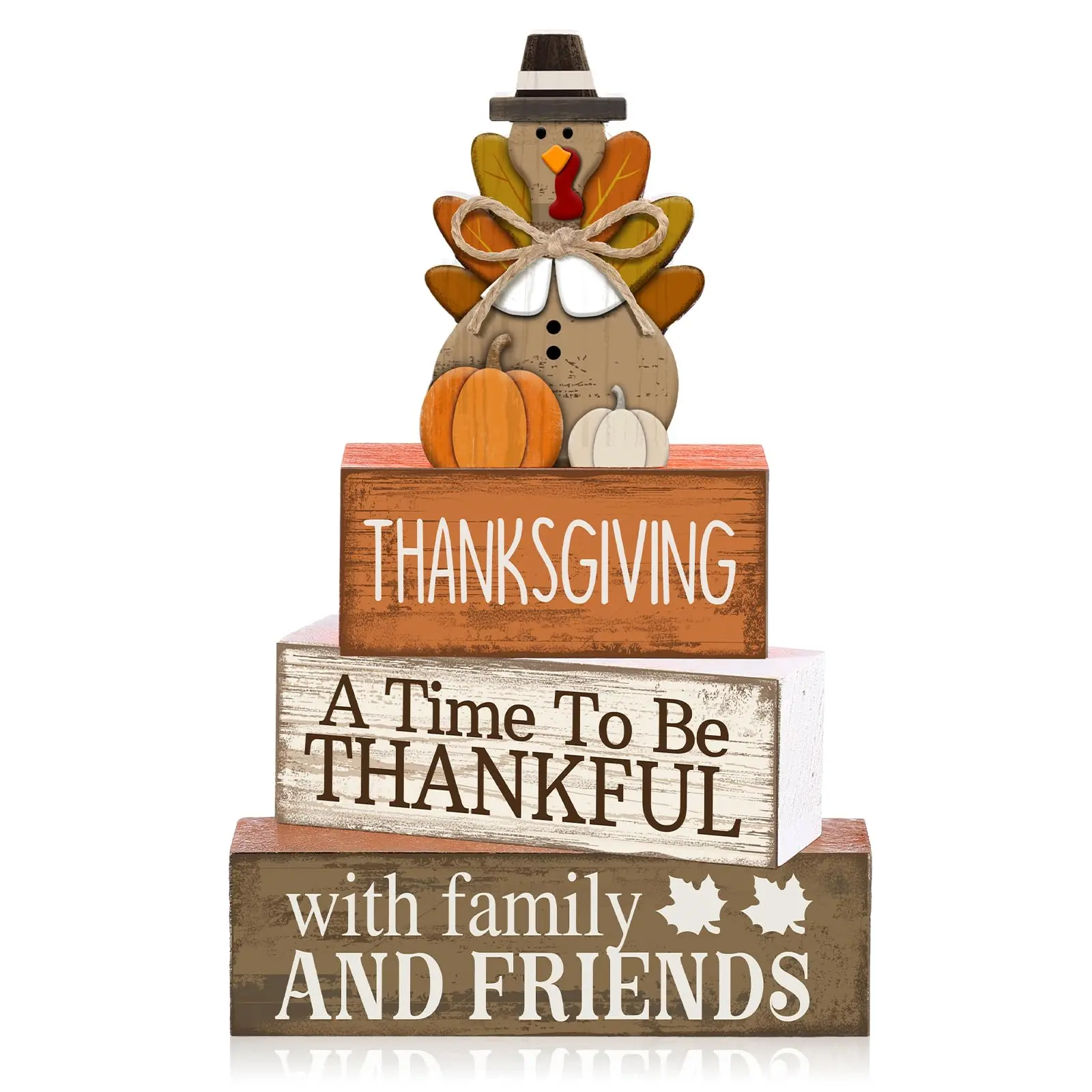 Set of 4 autumn home decor wooden turkey ornaments: "Thankful Moments" table placemat/decoration sign, featuring a turkey and pumpkin topper; Thanksgiving centerpiece decoration; rustic layered tray for kitchen home decor.