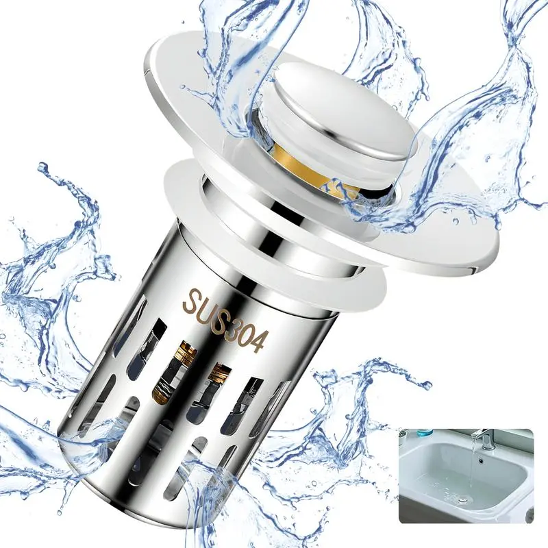 Universal Pop-Up Bathroom Sink Stopper Hair Catcher - Tool-Free Installation Drain Plug with Removable Stainless Steel Basket Filter for Washbasin