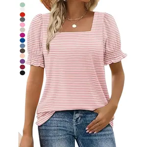 2026 Women Summer Casual Ruffle Trim Short Sleeve Square Neck Striped T Shirts
