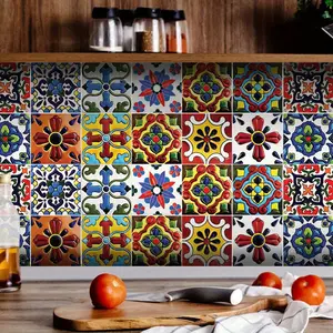 22PCS Vintage Mediterranean Tile Wall Stickers 4x4 Inch Self Adhesive Waterproof Easy to Apply and Remove Kitchen Bathroom Wall Decals Home Decor Blue Classic Houndstooth Pattern