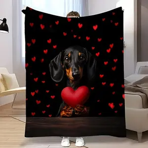 Vintage, And Cute Dachshund Heart-Shaped Themed Printed Fleece Blanket, Stylish, Soft, And Warm, Suitable for All Seasons As a Multifunctional Gift. This Printed Blanket Is Perfect for Use on Sofas, Beds, in The Office, And While Traveling