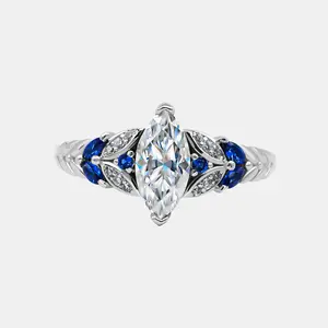 【733】"Springtime Symphony" Blue Adorned Laurel 1 Carat Marquise Synthetic Moissanite Ring – Elegant Vintage Engagement/Wedding Ring for Women, Ideal Birthday/Anniversary Gift