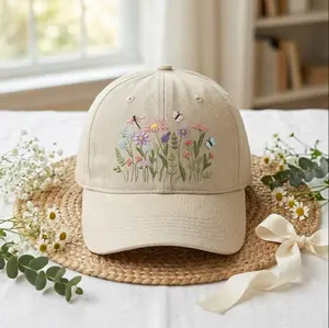 Floral Embroidered Hat 2026 – Wildflower Baseball Cap, Boho Vintage Washed Dad Hat, Adjustable Cotton Aesthetic Cap