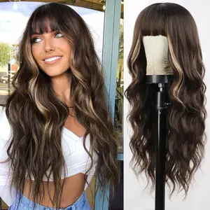 Fluffy Brown Curly Wig Mixed Blonde Highlights Long Synthetic Curly Wavy Wigs for Women Natural Everyday Wear Wig with Bangs Beginners Glueless Heat Resistant Wigs with Wig Cap Woman Daily Party Use Cosplay Halloween New Look Hacks(30 Inch Long Wig )