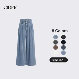Cider Double Waist Solid Button Wide Leg Jeans