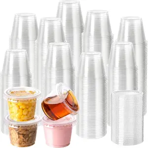 100Pack 1oz Disposable Plastic Portion Cups with Lids, Small Mini Sauce Cups for Portion Control, Salad Dressing Cups, Airtight and Stackable Condiment Cups for Party, Holiday and Daily Use