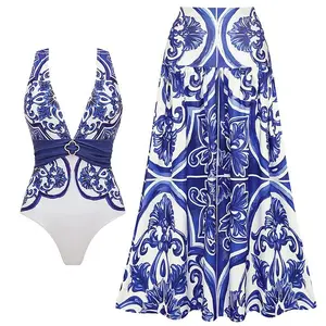 FLAXMAKER Women's V-Neck Classic Blue Majolica Print One Piece Swimsuit & Matching Cover Skirt Set Summer Swimdress Bathing Suit Stylish Beachwear #TikTokShopBlackFriday