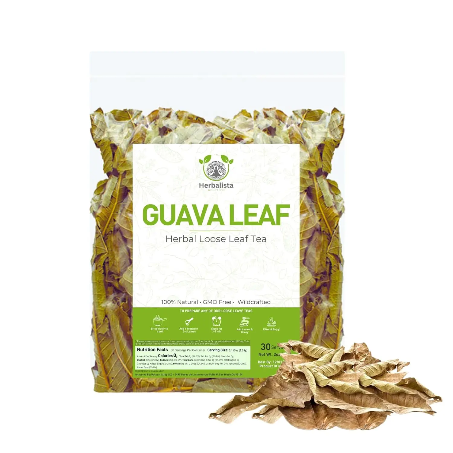 Herbalista - Wildcrafted Whole Guava Leaf Tea (Hoja de Guayaba) | Pure & Natural Loose Leaf Guava Tea | Handpicked, Non-GMO,...