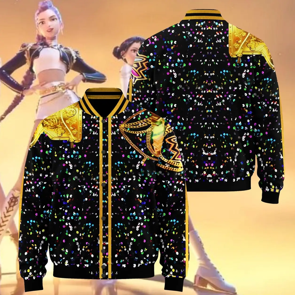 Huntrix Golden Cosplay Baseball Jacket, Rumi Cosplay Shirt, Anime Movie Merch, Halloween Costume, Demon Hunter Merch