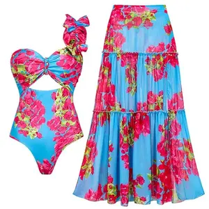 FLAXMAKER Women's One Shoulder Ruffle Removable Strap Flower Print One Piece Swimsuit and Skirt Swimdress Beachwear swim Pre-sale #FallFreshness vacation outerwear clothing Swimwear Sexy Tummy Control Bathing Suit Stylish Beachwear #TikTokShopBlackFriday