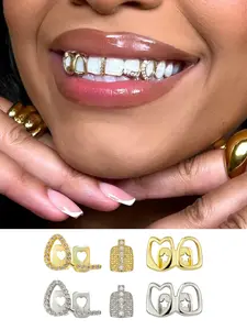 3pcs Hollow Heart & Water Drop Design Copper Grillz Teeth Caps, 14k Gold Plated Micro Inlaid Zircon, Hip Hop Style Jewelry for Women