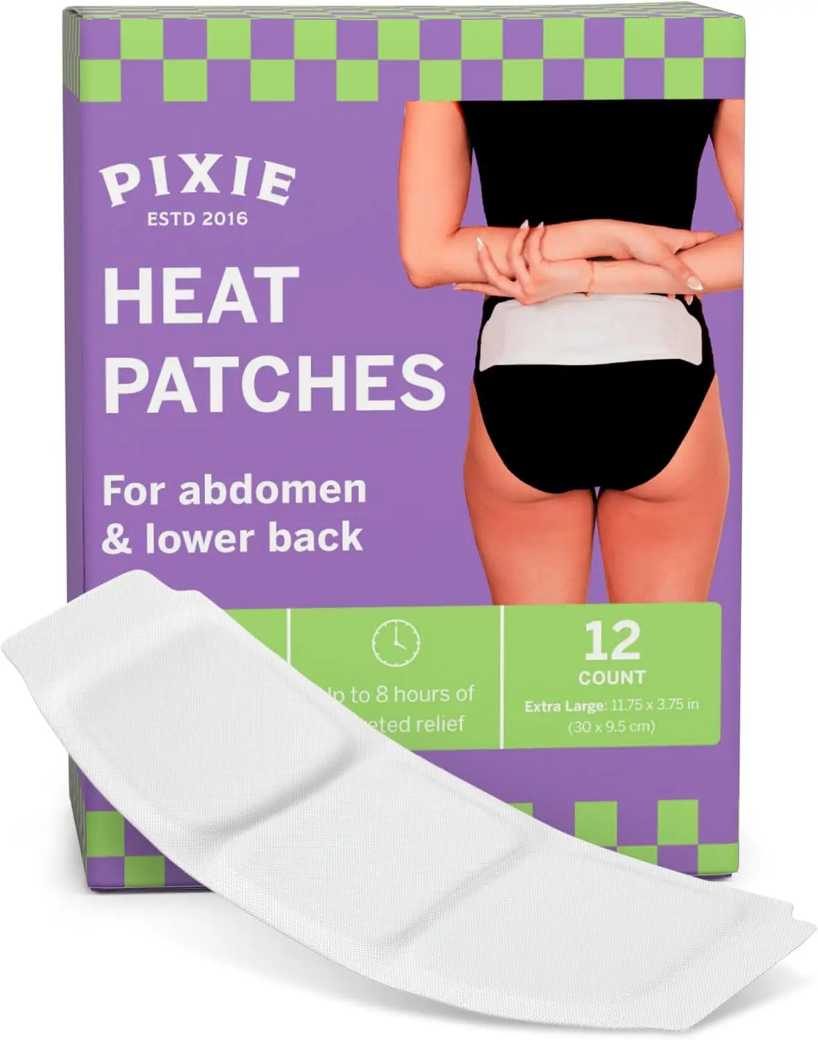 Pixie XL Air-Activated Heat Patches – Extra Large Disposable Warmth Pads for Lower Abdomen & Back – Up to 8 Hours of Continuous Heat – Drug-Free, Portable & Discreet – 12 Count Value Pack