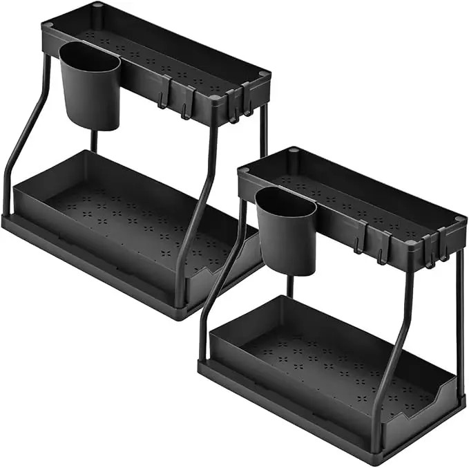 2-Tier Expandable Under Sink Organizer, L-Shaped Adjustable Storage Rack with Retractable Shelf and Hanging Hooks, Space-Saving Under Cabinet Shelf Organizer for Kitchen, Bathroom, Pantry, Laundry Room and Cleaning Supplies