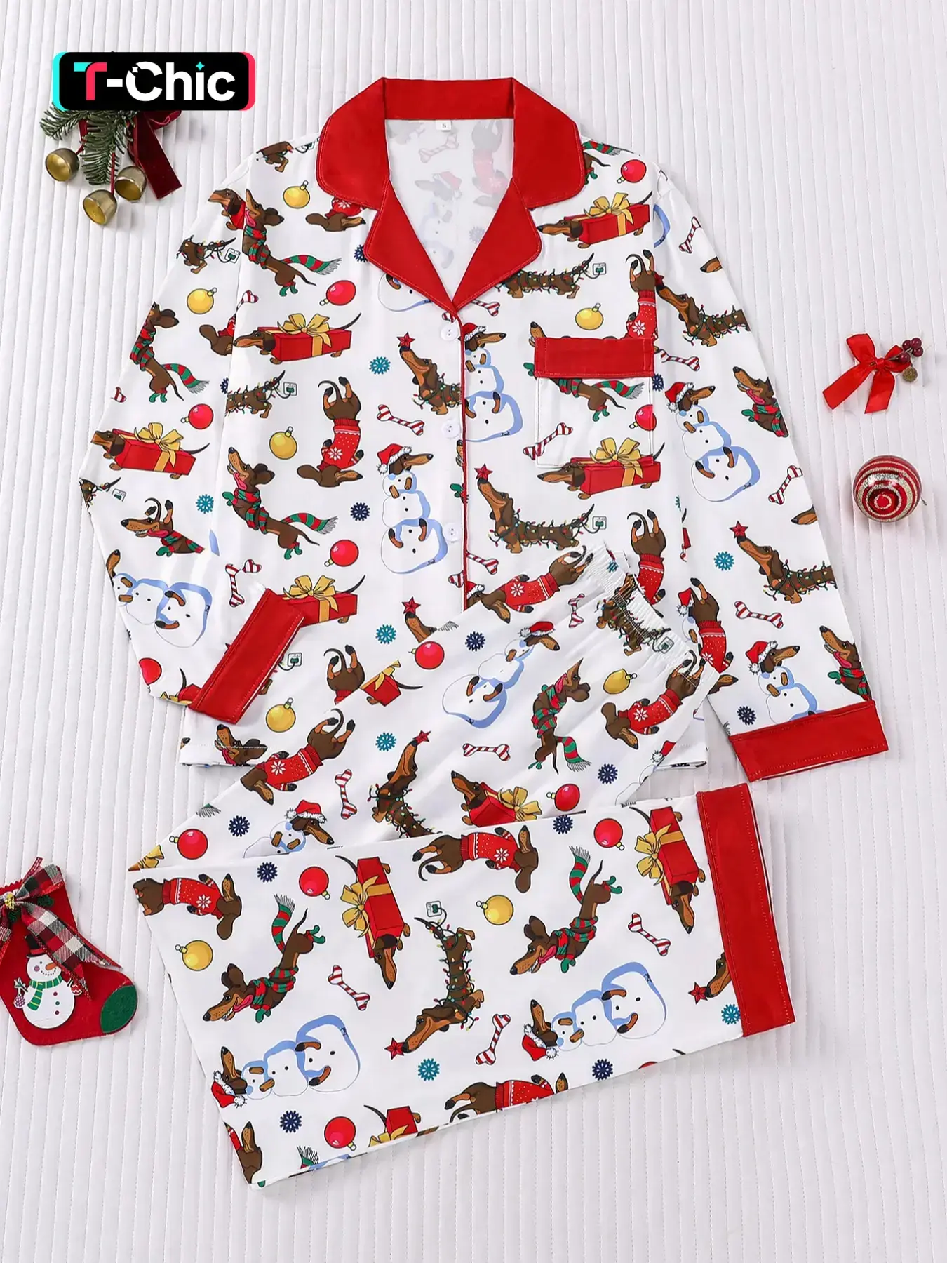 2-piece Christmas gift set: scarf, snowman, sausage dog, striped bone, colored bell, soft, comfortable, skin-friendly, smooth, suitable for home wear, casual wear, Loungewear, Christmas pajamas, Matching Pajamas Sets
