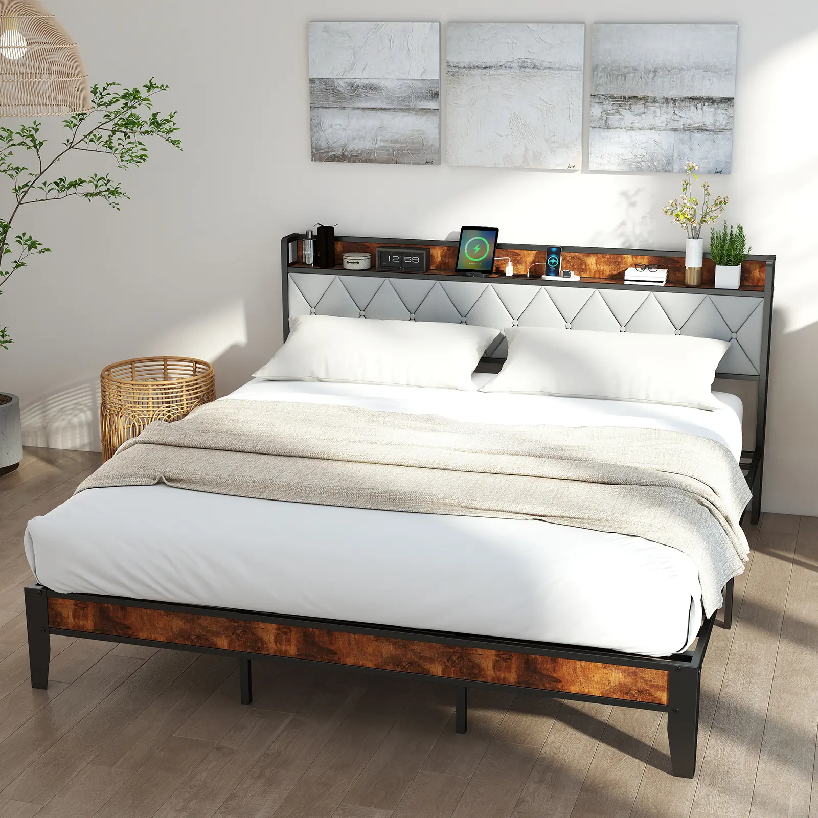 Modern Upholstered Sturdy Platform Bed Frame with Headboard - Queen-King Size, Double Foam Padding, Metal Frame Stability, Smart Storage, USB Charging Ports, Noiseless, Tool-Free Assembly, No Box Spring Needed