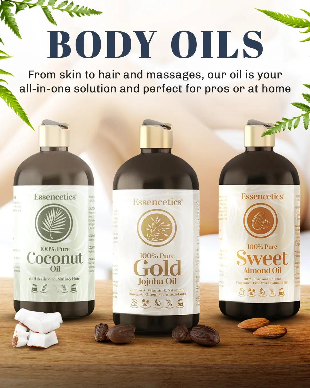 Essencetics Organic Massage Oils – 100% Pure & Natural | Jojoba, Coconut, Sweet Almond | 16 oz