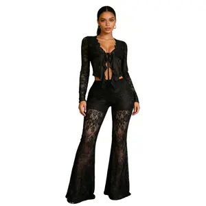 Women's 2-Piece Set, Elegant Minimalist Long Sleeve Lace See-Through Shirt & V-Neck Trouser: Basic Sexy Short-Style 2 Piece Sets for Street, Evening Wear