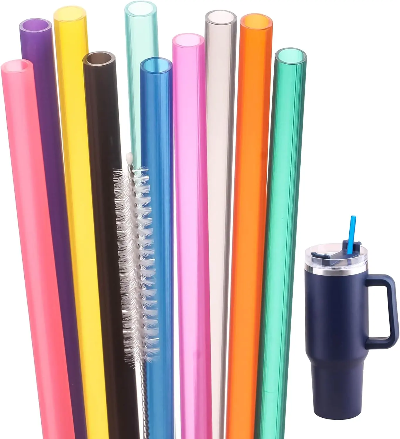 Plastic Replacement Straws for 30oz-40oz Tumblers, 10-Pack 12-in Synthetic Round Bar Utensils with Cleaning Tool, Dishwasher-Safe Mixed-Color Cup Accessories for Friends and Family