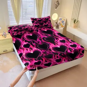 Vibrant and romantic heart-patterned fitted sheet set,Includes 1 Fitted Sheet & 2 Pillowcases without Filler,Romantic and wild design,Perfect gift for your partner,Comfortable and soft bedding,Stylish bedroom decor,Multiple styles available.
