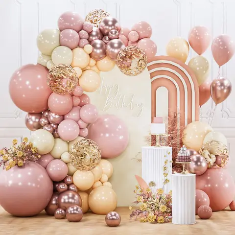 PartyWoo Dusty Pink Round Balloon Arch Kit (142pcs, 18-12-10-5in) - Nude, White, Sand Gold, Pink Confetti Assortment for Birthday, Anniversary, Parties, Balloon Arch Backdrop Decor