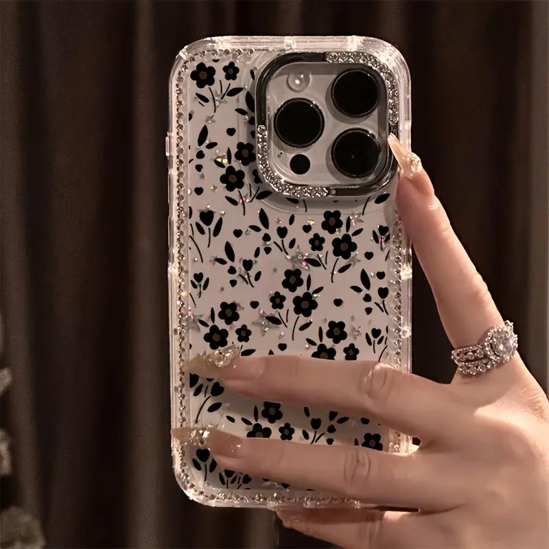 Luxury Rhinestone Floral Phone Case - Transparent Shimmering Starlight Shockproof Protection Shell for iPhone 17 Pro Max/17 Air/16 Pro Max/15 Plus/14/13/12 - Casing for Christmas, Halloween Gifts