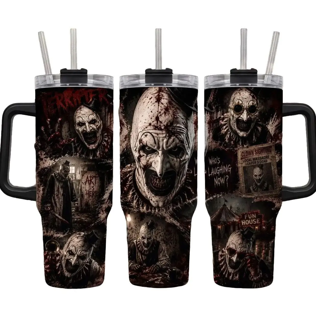 Terrifier Art The Clown 40oz Tumbler with Handle and Straw, Whos Laughing Now Insulated Travel Mug, Slasher Movie Red Black Stainless Steel Cup, Spooky Halloween Slasher Fan Birthday Holiday Gift for Men Women