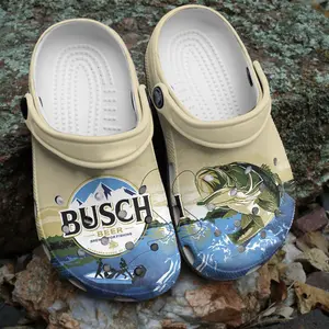 Father's Day Gift Busch Beer Fishing Clogs – Breathable Bass Slippers for Men, Outdoors Beer Lover Footwear, Summer Lake Sandals with Hook & Fish Print