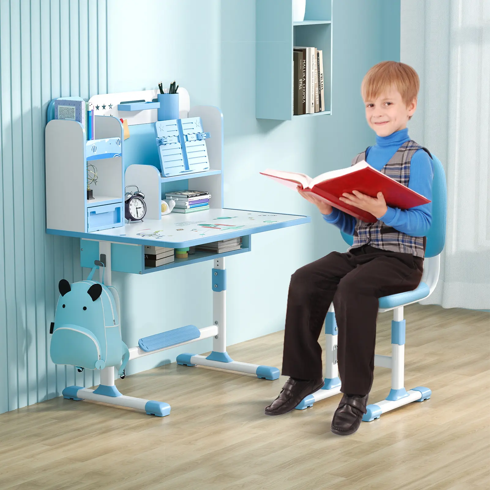 Explorinox 2Pcs/Set Kids Study Desk Chair Set, Height Adjustable Children School Study Table Chair Set with Sitting Corrector, Ergonomic Desk Chair with Book Stand, Foot Pedal, Partition Design (Blue)