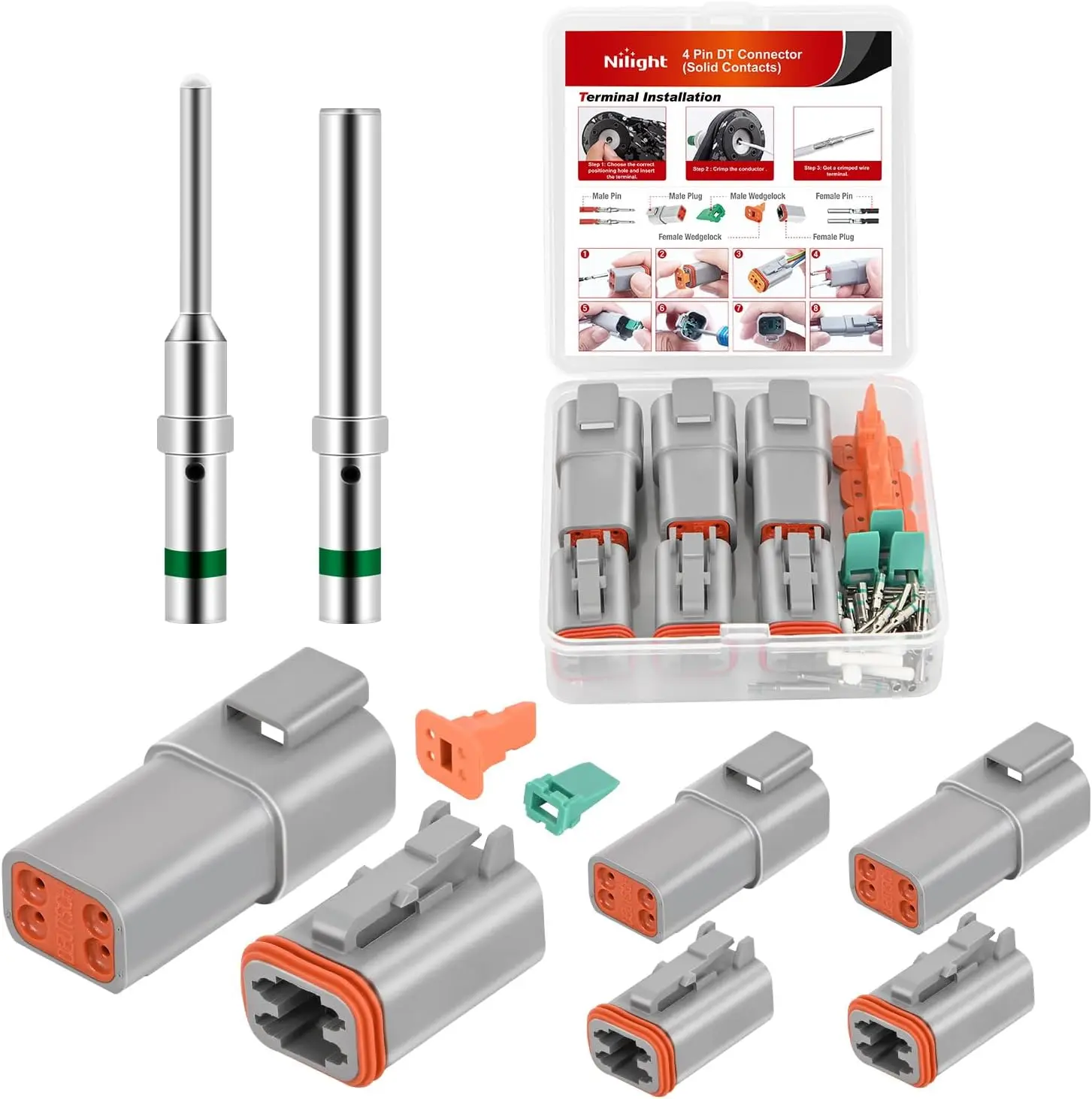 Nilight 3 Sets 4-Pin DT Connector Kit - IP67 Rated, 12 Pairs Solid Terminals, 4 Pcs Seal Plugs, PA66 Nylon Waterproof Tin Bronze/Nickel Plate Male-Female Terminals for 14-20 AWG Car, Boat, Truck Auto Replacement Parts