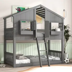 Twin over Twin House Bunk Bed with Roof , Window, Window  Box, Door , with Safety Guardrails and Ladder,Twin/ Full Size Bunk Bed/Loft Bed with Bookshelf, House Design, High-Quality Safety Fencing,White & Blue#Summervibes
