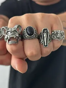 Punk Style Silver Color Skull Ring Set, Stacking Rings, Vintage Gothic Jewelry with Zircon Stones, Unisex Daily Wear Accessory, Artificial Gemstone Ring