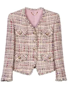 Women's Plaid Print V-neck S Metal Button Tweed Jacket, Elegant Casual Blazer for Spring & Fall, Ladies Clothes for Daily Wear