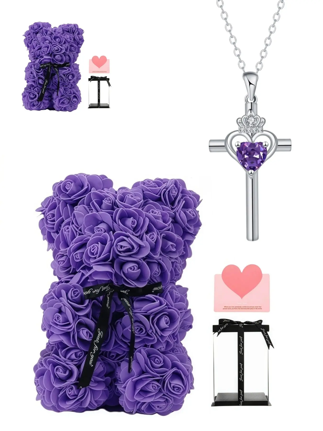 Sacred Heart Crown, Purple Star Original high-end crown cross heart gem pendant necklace, Faith necklace, Paired with a preserved rose & teddy bear gift box, Perfect gift for birthdays, Valentine’s Day, Mother’s Day and Christmas