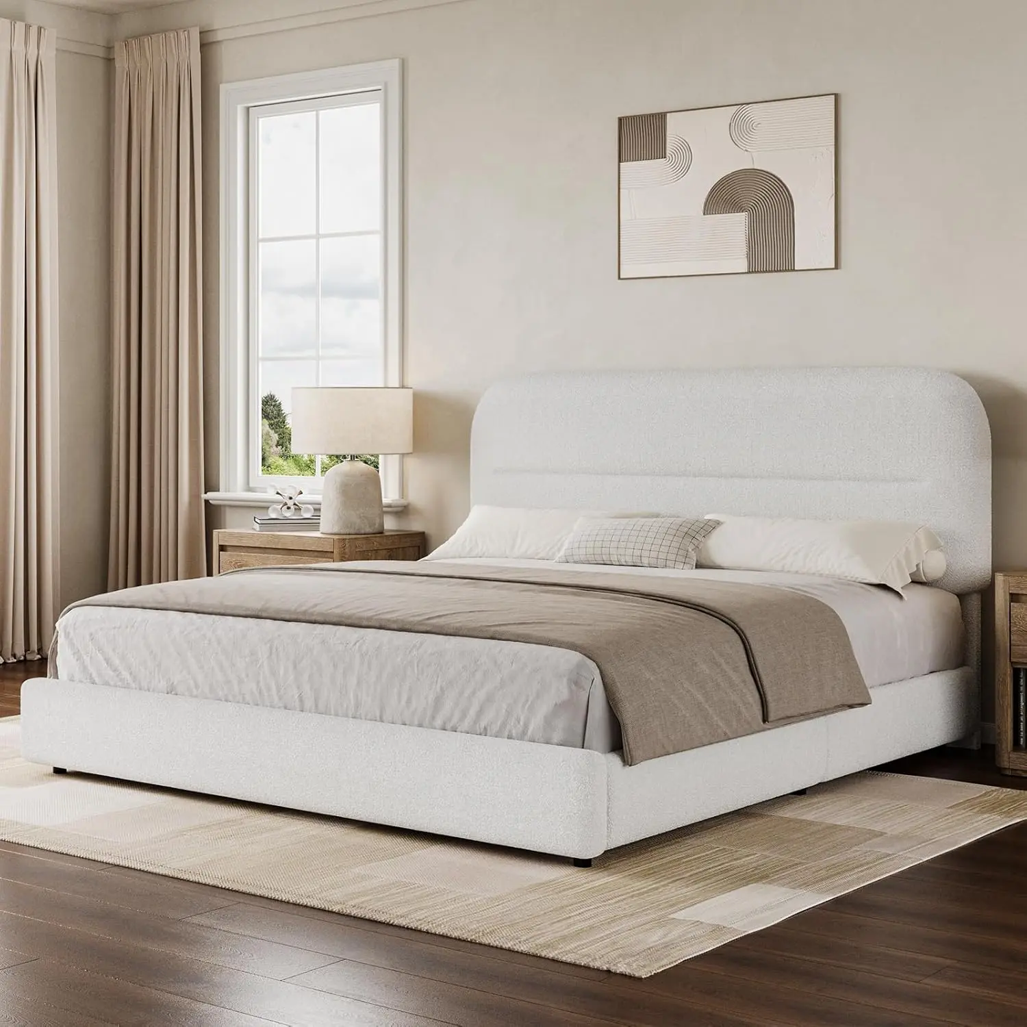 [SummerSale] HOMBCK Boucle Upholstered Bed Frame with Headboard, Mattress not included,  Rounded Corners, No Box Spring Needed, Easy Assembly #home essentials#back to school