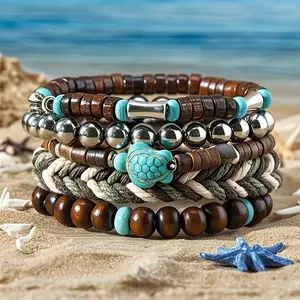 5-Piece Bohemian Turtle Wood Bead Bracelet Set - Handcrafted Adjustable Braided Design, Natural Fashion Accessories for Casual Wear & Gift Giving, Perfect for Boho Style Lovers
