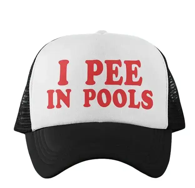 Funny Slogan Trucker Hat with 'I Pee In Pools' Printed Text, Vintage Mesh Snapback for Men & Women, Adjustable for Outdoor Sports Events, Hilarious Slogan, Unisex, Breathable, Breathable Mesh Hats, Casual Outfits Cap